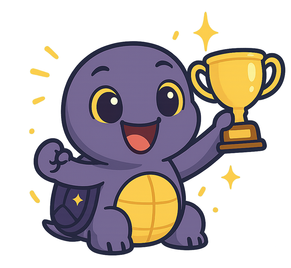 Motii character celebrating with trophy